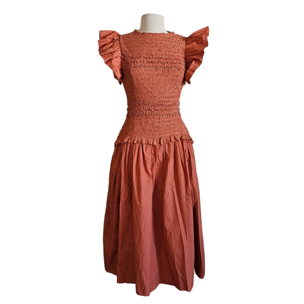 ULLA JOHNSON Madeline smocked cotton-jersey and cotton-poplin midi Dress Size 6 - Picture 1 of 8
